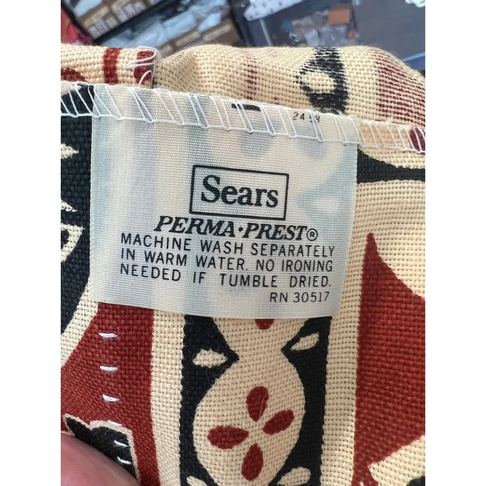 Sears Perma-Prest Vintage MCM Geometric Curtains Window 24x46 Rust Folk Art